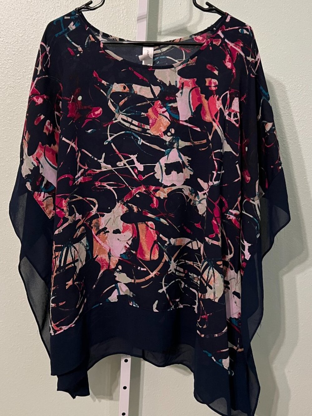 Pure Energy Black w Abstract Print Layered Kimono w Sheer Overlay SZ 1X